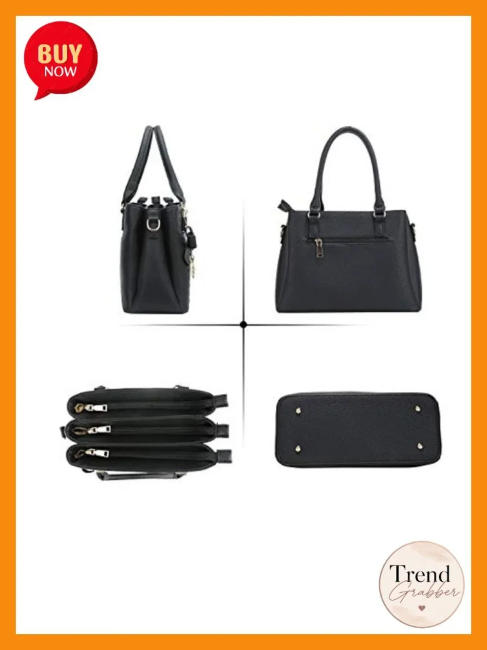 PU Leather Top Handle Satchel Bag, 3 Compartments, Adjustable Strap